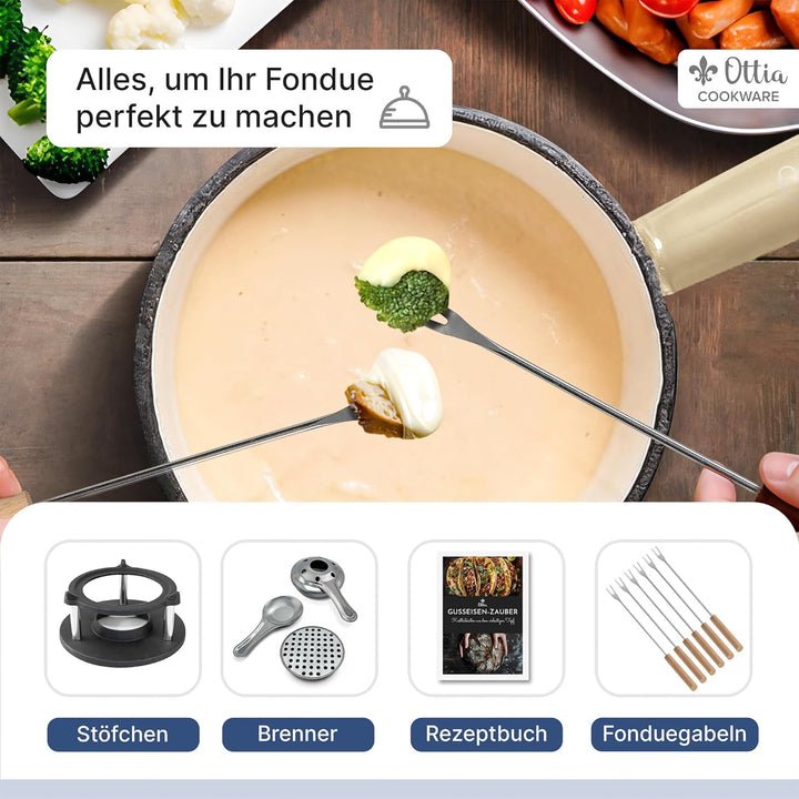 Ottia Fondue Set für 2, 3, 4, 5, 6 Personen aus Gusseisen & Emaille. Als Käsefondue, Fleischfondue,