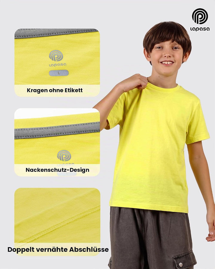 LAPASA Kinder T Shirt 100% Baumwolle 4er Pack Unisex 3-13 Jahre/ 95-165 Jungen Jungs Sport Tshirt K0