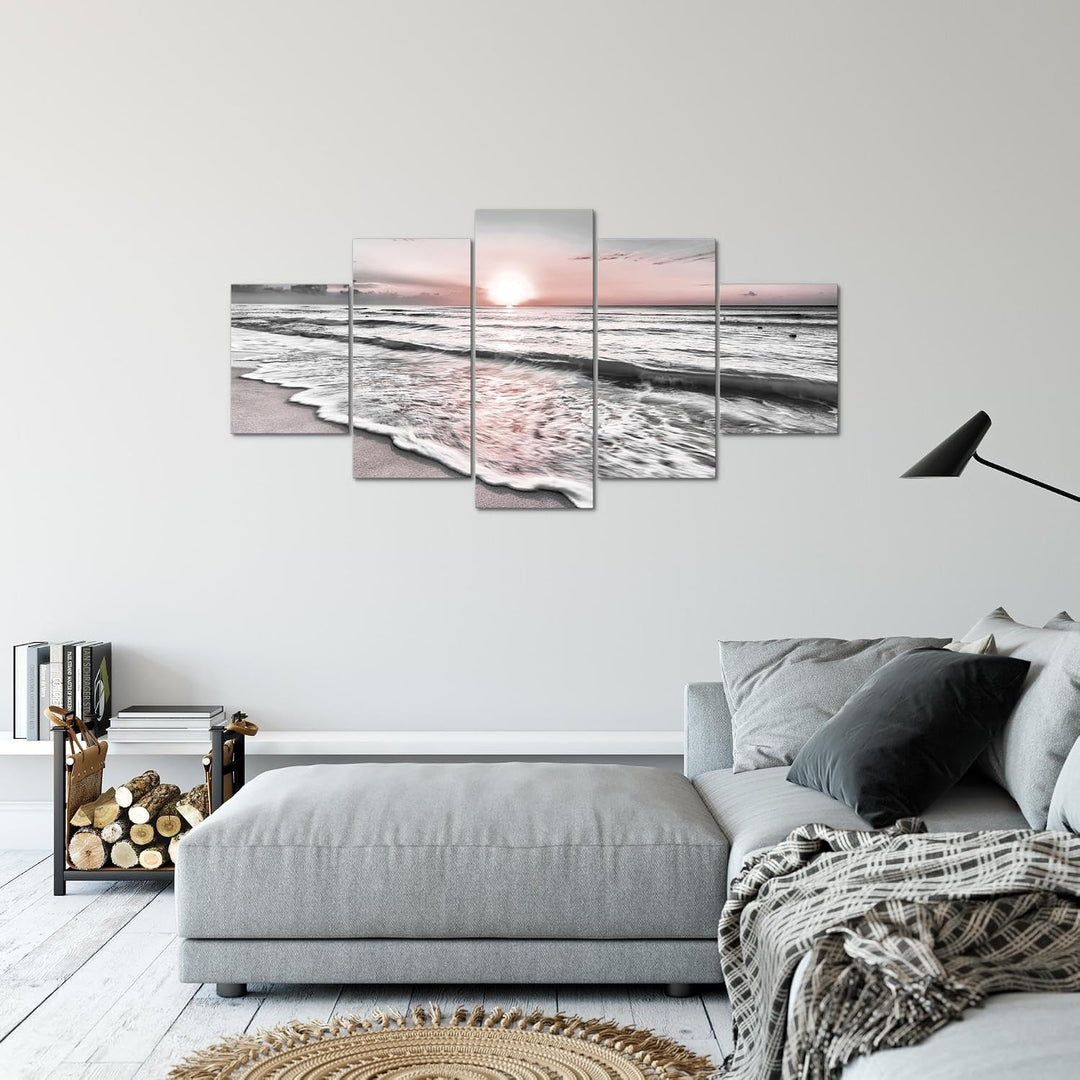 Runa Art Bild Schlafzimmer Wohnzimmer Sonnenuntergang Strand 5 Teilig Landschaft Grau Rosa Wandbilde