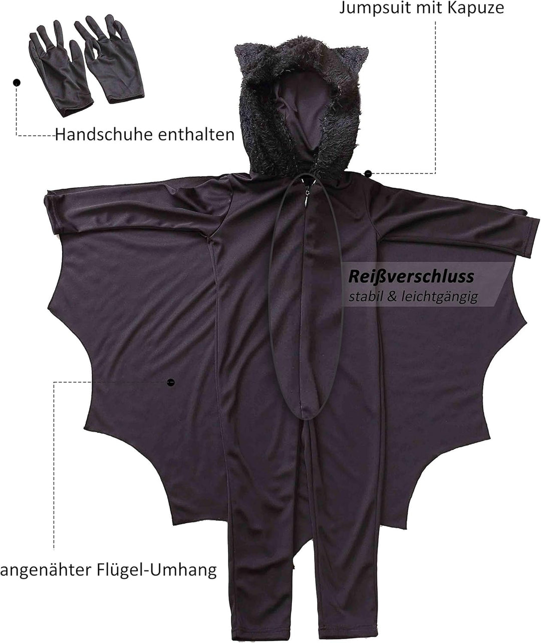 Fledermaus Kostüm Kinder Mädchen Junge Faschingskostüme Karneval Kostüm Schwarz 110-116, Schwarz 110