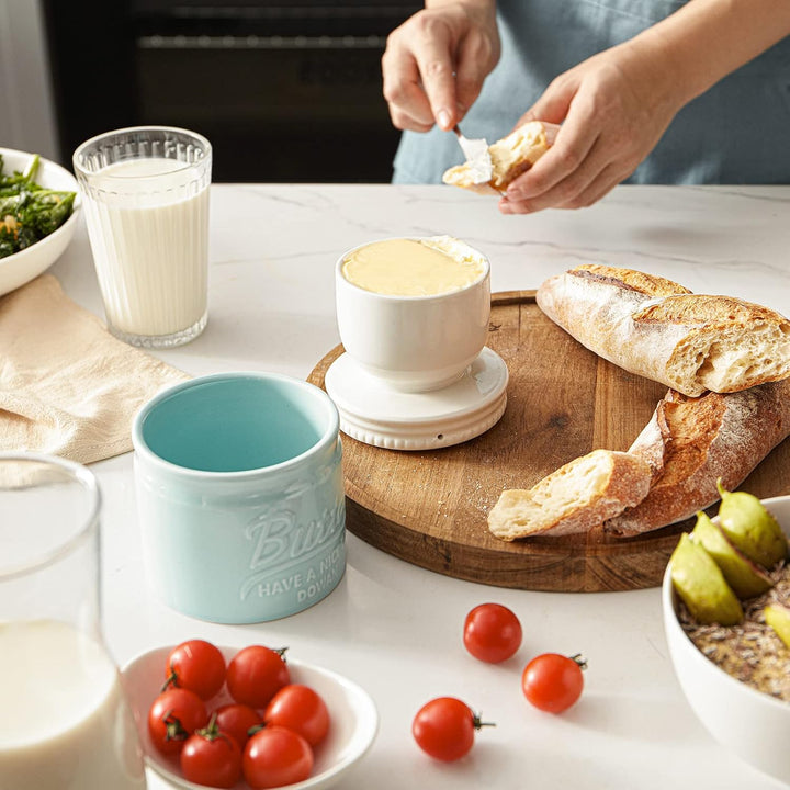 DOWAN Butterdose Keramik, Französische Butterdose mit Deckel, Wassergekühlte Butterdose mit Wasserli