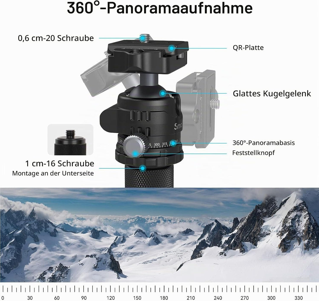 SMALLRIG Leichtes, kompaktes Kohlefaser-Stativ mit abnehmbarem Einbeinstativ, 360°-Kugelkopf mit Sch