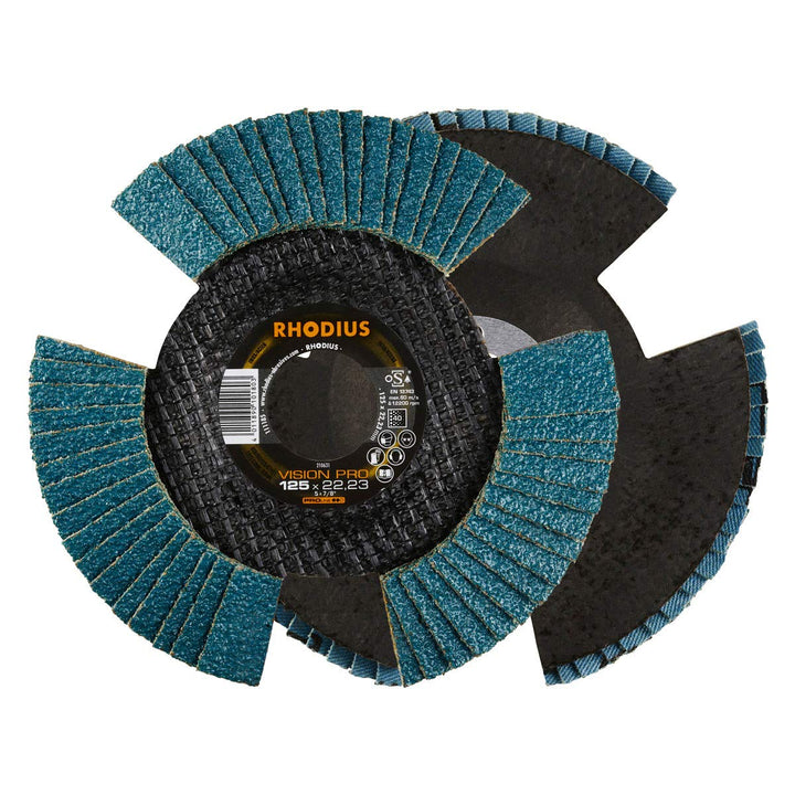 RHODIUS VISION PRO, 5 Stück Ø 125 mm K40 Fächerscheiben durchsichtig, Metall Edelstahl Stahl INOX, f