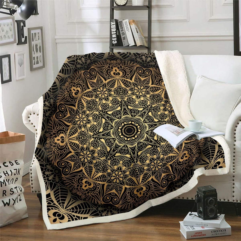 Boho Mandala Decke 150x200cm Schickes Kuscheldecke böhmischen Stil für Teenager Luxus Golden Schwarz