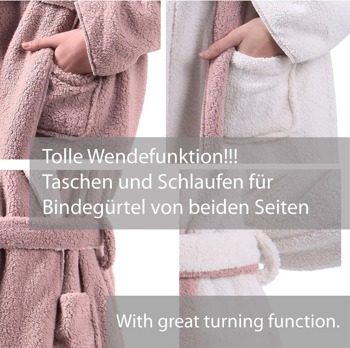Sherpa Wende Bademantel Lammfell Optik für Damen und Herren mit Kapuze Morgenmantel Hausmantel, Altr