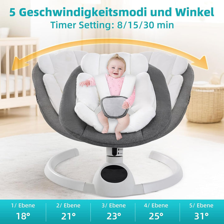 Babywippe Elektrisch Neugeborene bis 9 kg, Klappbar Bluetooth Babyschaukel Elektrisch mit 5 Schwingg