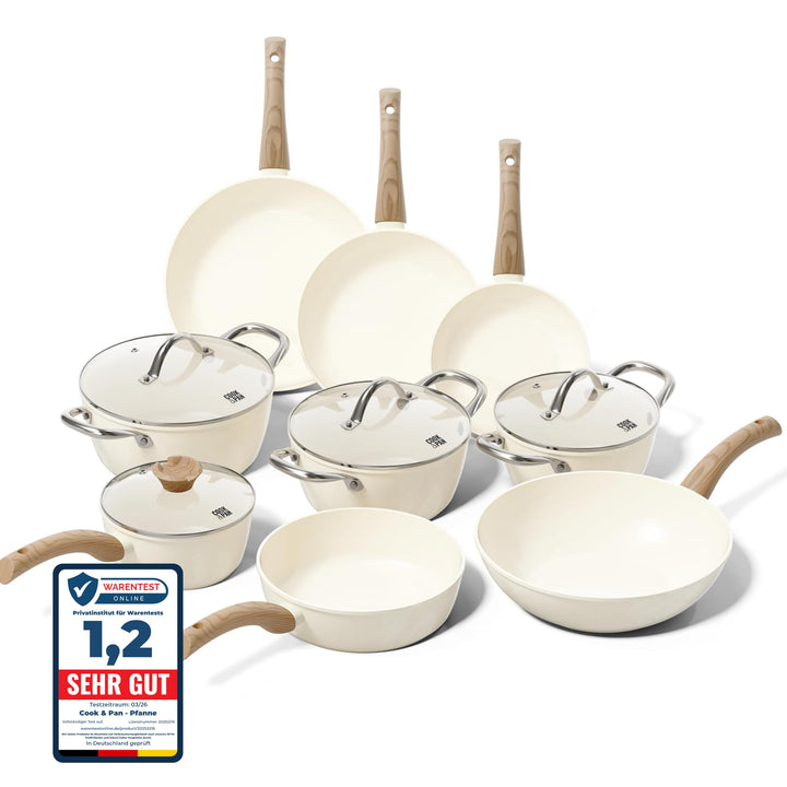 Cook & Pan - Go Ivory Topfset und Pfannenset 9-teilig-Induktionsgeeignet-PFAS frei Keramik-Beschicht