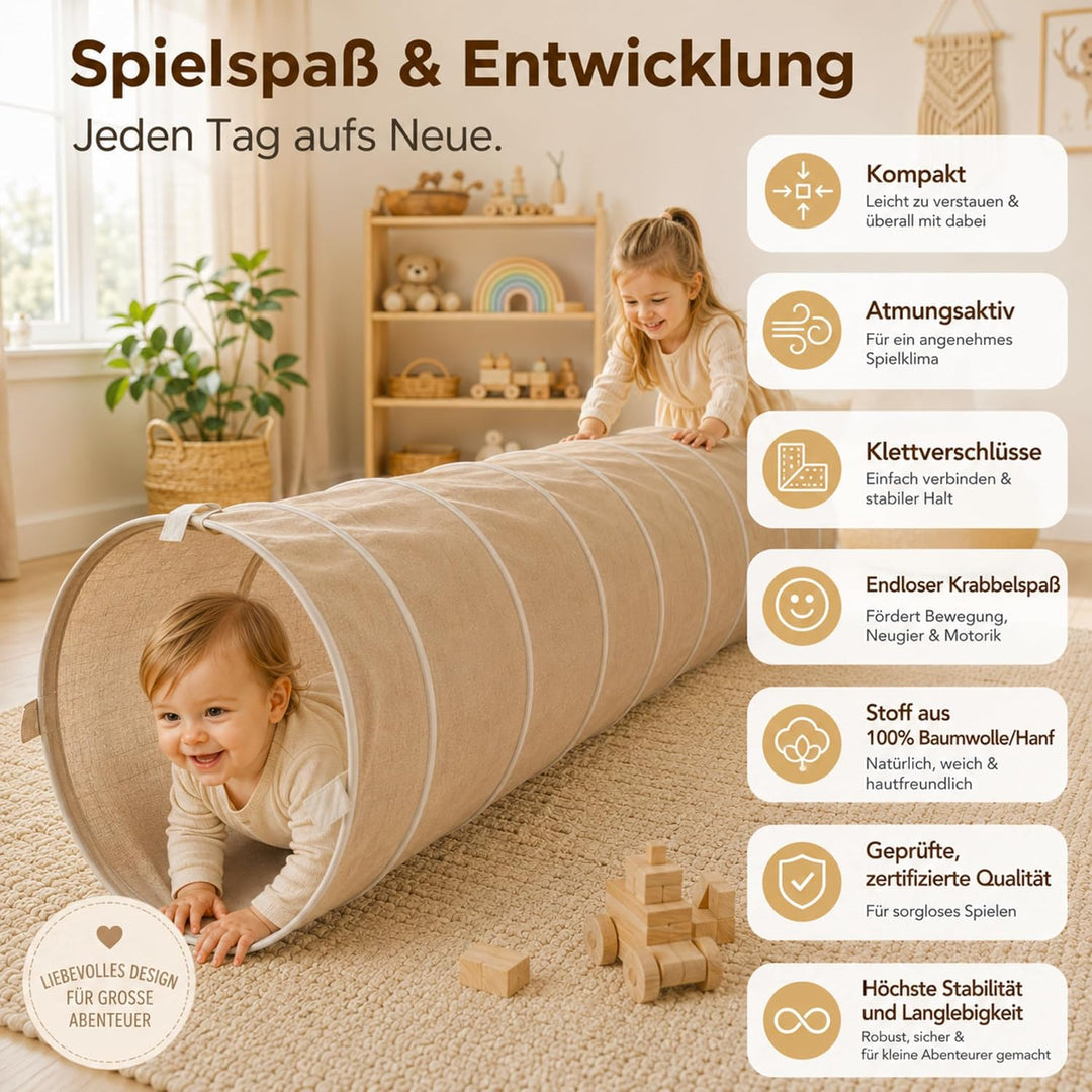Spieltunnel für Kinder aus Baumwolle/Hanf mit Klettverschlüssen [180cm x 46cm] Krabbeltunnel für Bab