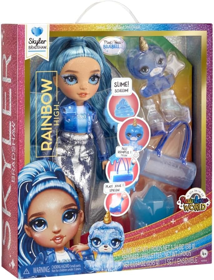 Rainbow High Modepuppe mit Schleim & Haustier - Skyler (Blau) - 28 cm Schimmernde Puppe mit Glitzers