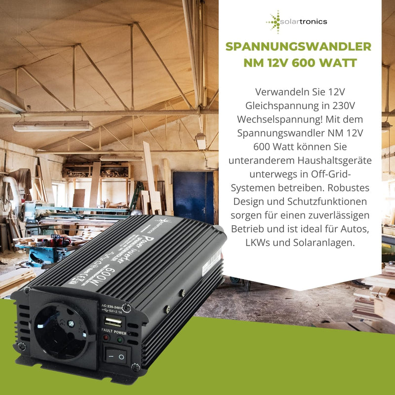 solartronics Spannungswandler Wechselrichter Intverter NM 600-1200 Watt 12V zu 230V schwarz USB Schu