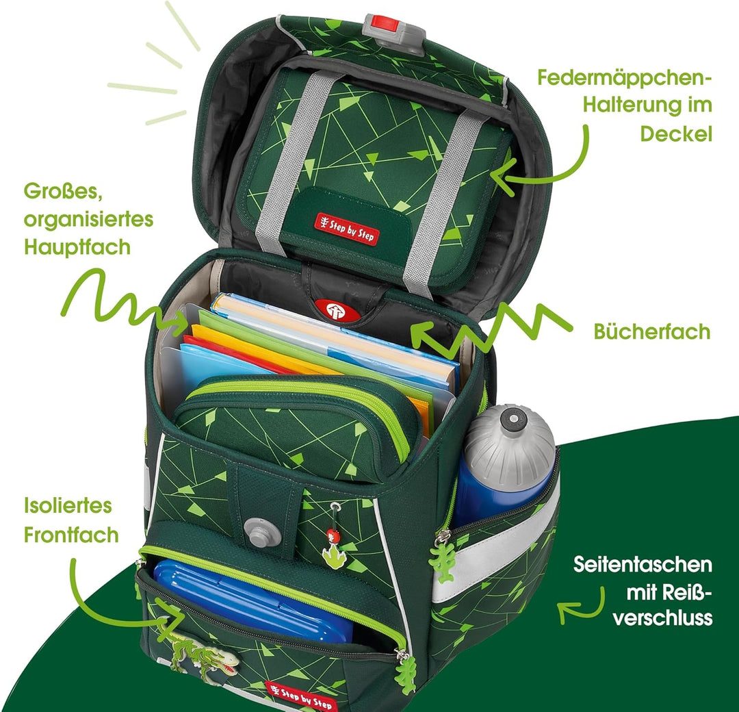 Step by Step Schulranzen-Set Space Shine Dino Night Tyro, 5-teilig, grün, Dinosaurier-Design, ergono