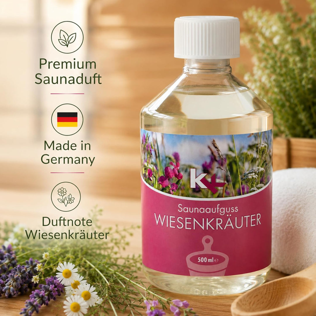 KK Sauna Aufguss Konzentrate PREMIUM - Made in Germany - Duftsorte Wiesenkräuter - 500 ml Flasche -