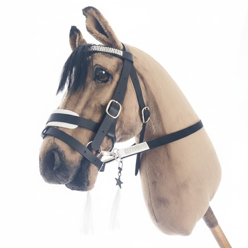 Generisch Hobby Horse Zubehör, ohne Pferd, nur Trense Schwarz, Weiss Unterlegt mit Sperriemen inkl.