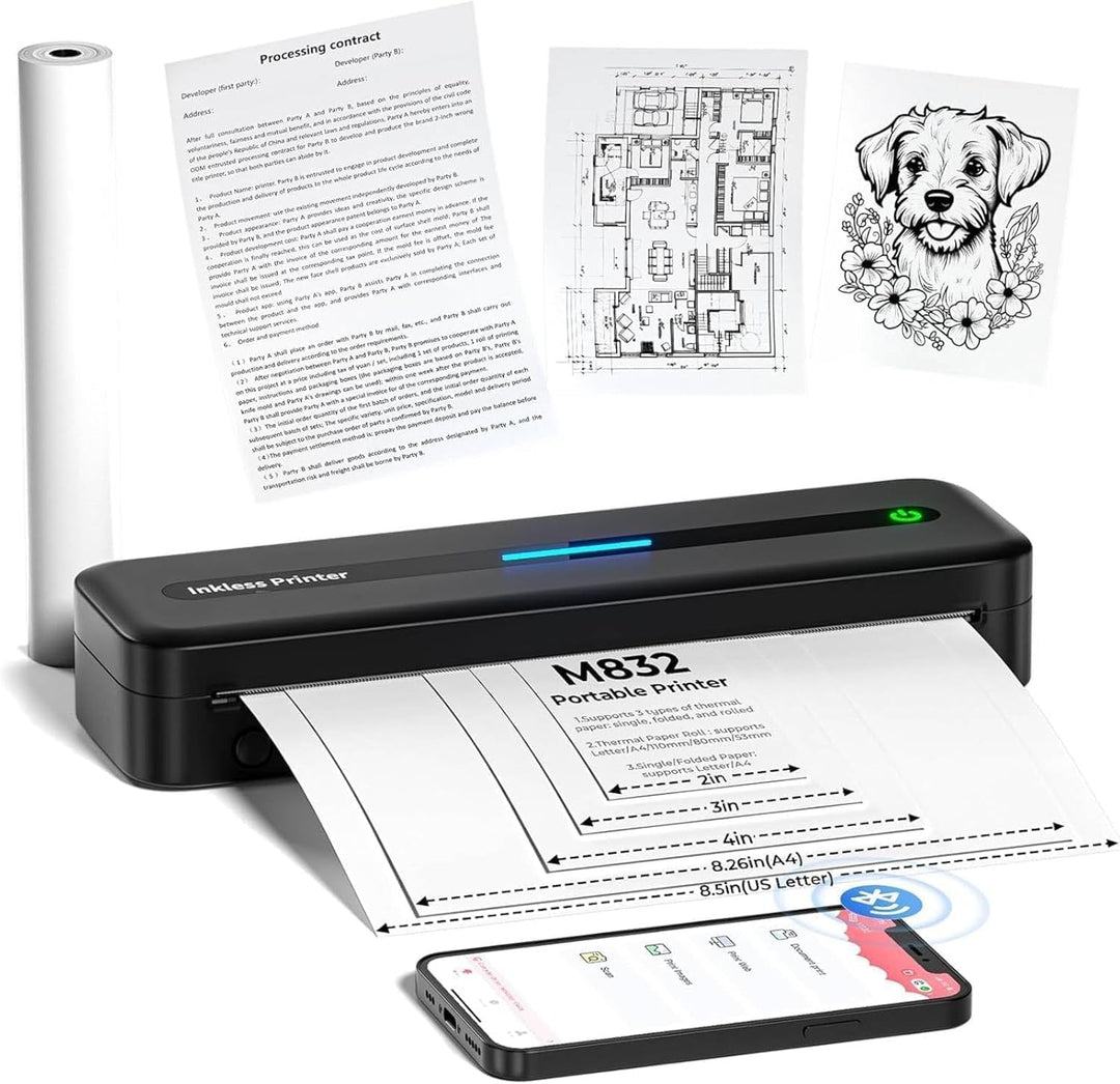 Mobiler Drucker A4 für Unterwegs, Tragbarer Drucker Thermodrucker A4 Wireless Bluetooth Inkless Hand