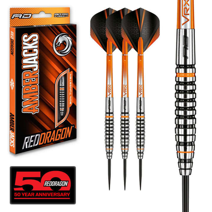 RED DRAGON Amberjack Series Steel Profi Dartpfeile Steeldarts Set mit Flights und Schäfte 23.0 Gramm