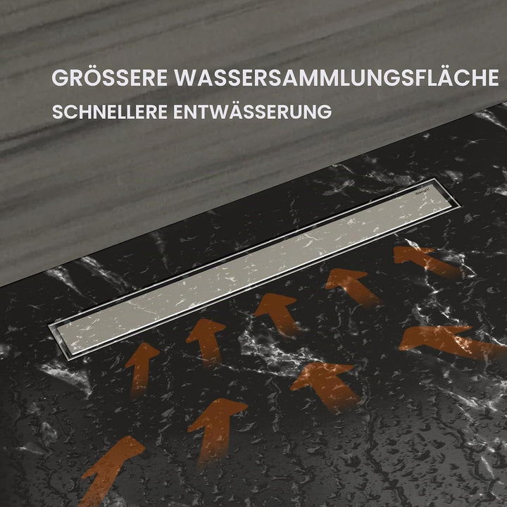 Ibergrif Edelstahl Duschrinne 60 cm Komplettset, Bodenablauf, Siphon mit Geruchsstop, Haarsieb, Befl