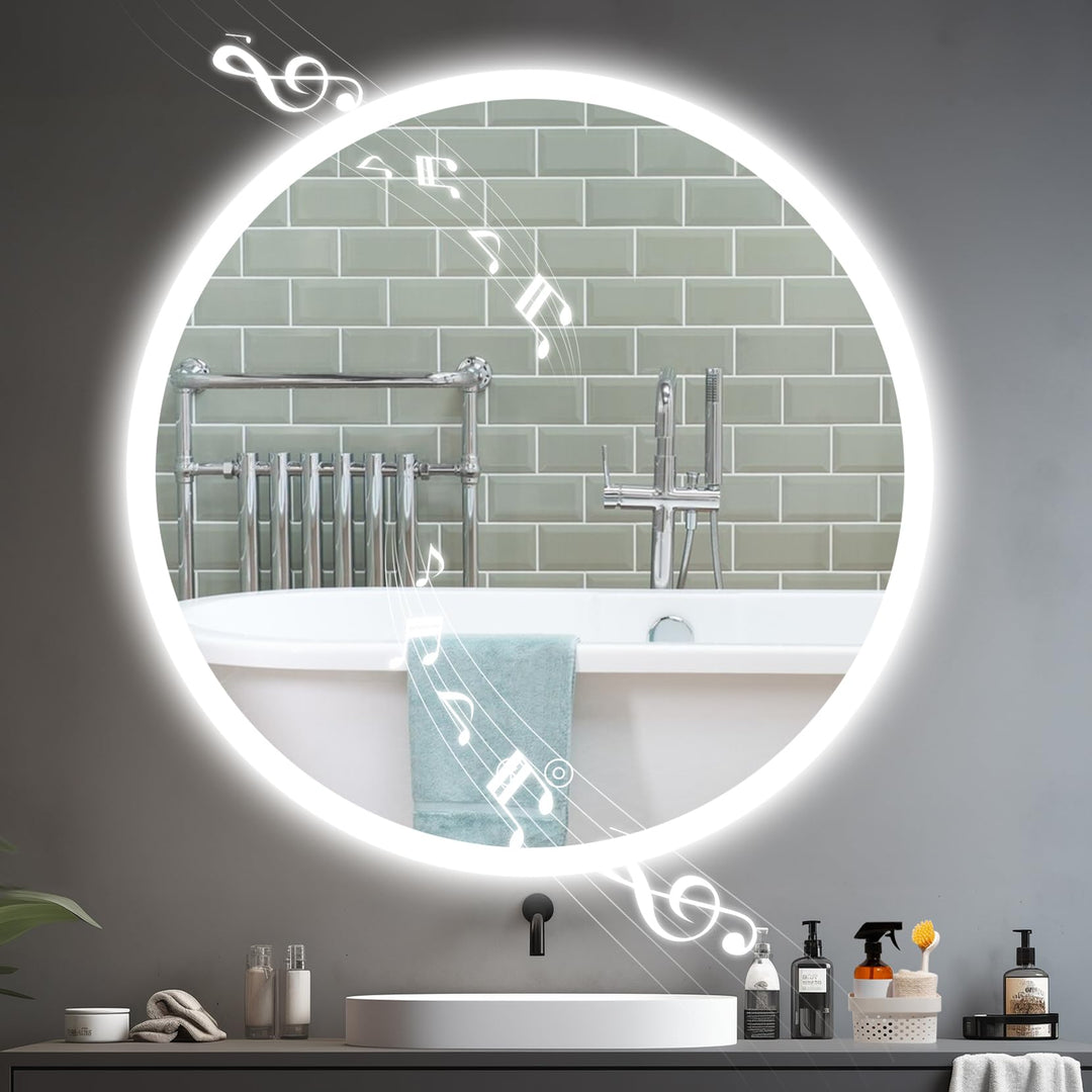 YOLEO Badspiegel mit Beleuchtung rund 70cm, Badezimmerspiegel LED mit Bluetooth-Lautsprecher, Wandsp
