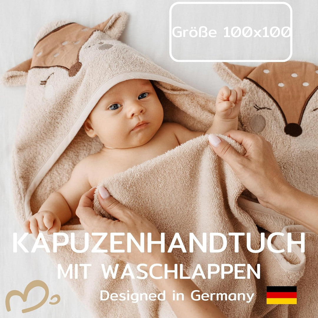 Babyhandtuch mit Kapuze und Waschlappen 100x100 cm – Handtuch Rentier aus 100% Baumwolle - REH Badet