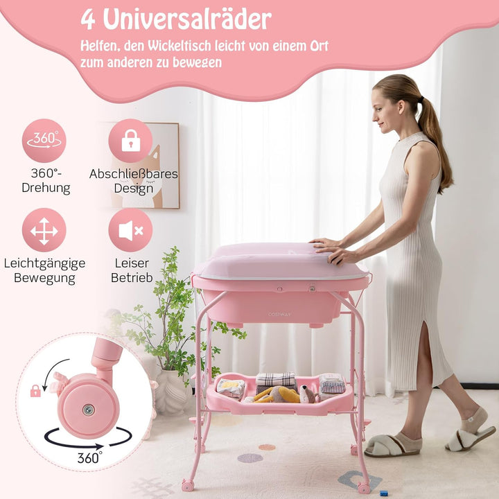 DREAMADE 2 in 1 Wickeltisch & Badewanne mit Gestell, Wickeltisch Klappbar, Wickelkommode auf Rollen