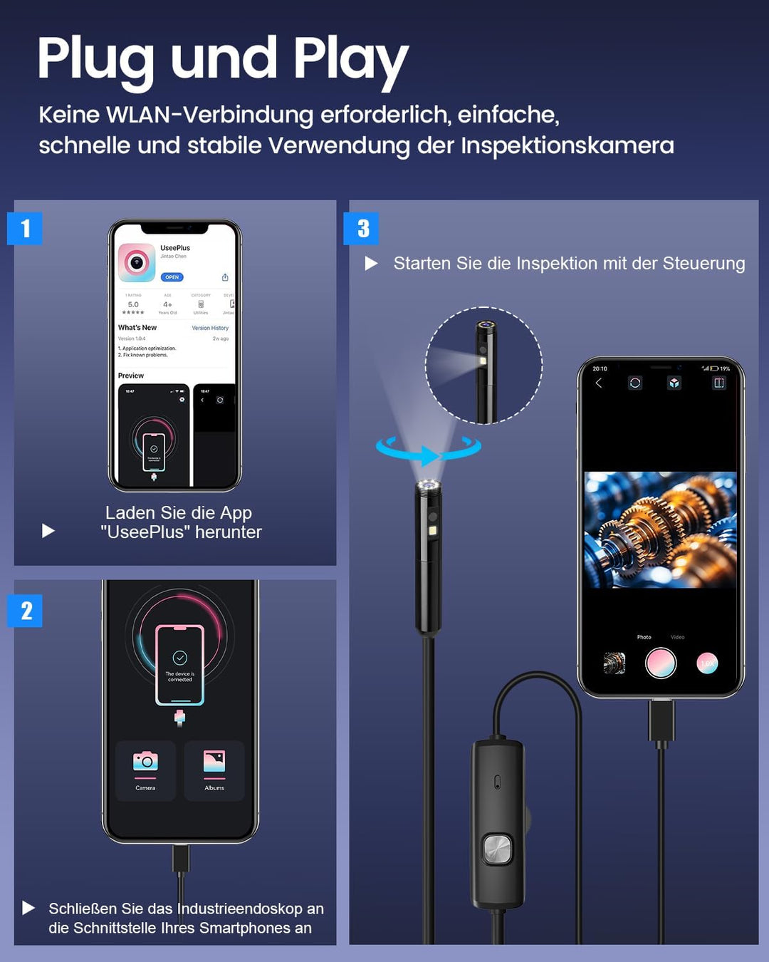 Endoskopkamera mit Licht, 1920P HD Doppellinse Inspektionskamera Handy mit 8 LED, Kein WLAN Endoskop