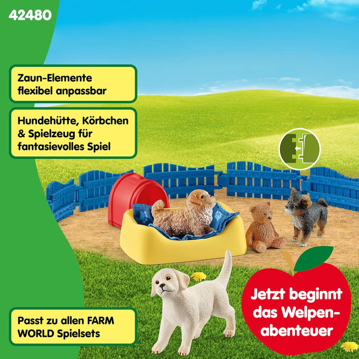 SCHLEICH Farm World | Welpenstube 42480 Tiere Set mit 3 Welpen, Zaun & Zubehör | Bauernhof Spielset