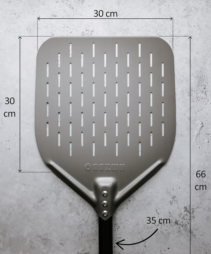 AMZBBQ® Premium Pizzaschieber - 30 x 30 x 66 cm Perforierte Pizzaschaufel aus Harteloxiertem Alumini