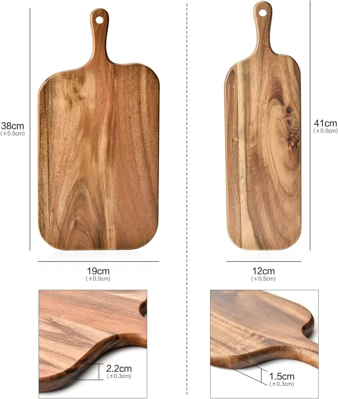 BILL.F Acacia Holz Schneidebrett mit Griff 38x19x2,2cm, Holz Charcuterie Board Paddle Cheese Board S