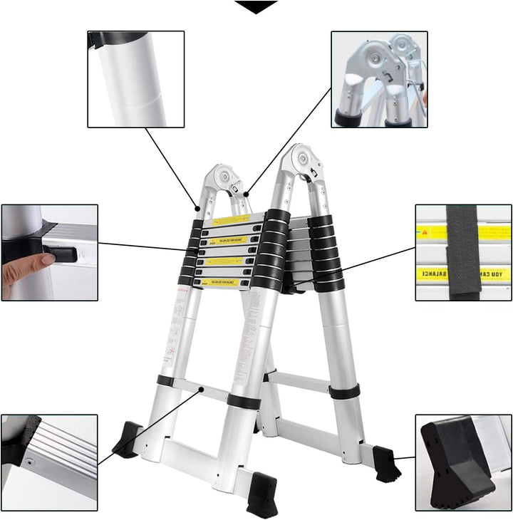 Eulenke 5M (2,5+2,5M) Teleskopleiter - Rutschfester Multifunktionsleiter 150 kg Belastbarkeit - Alul