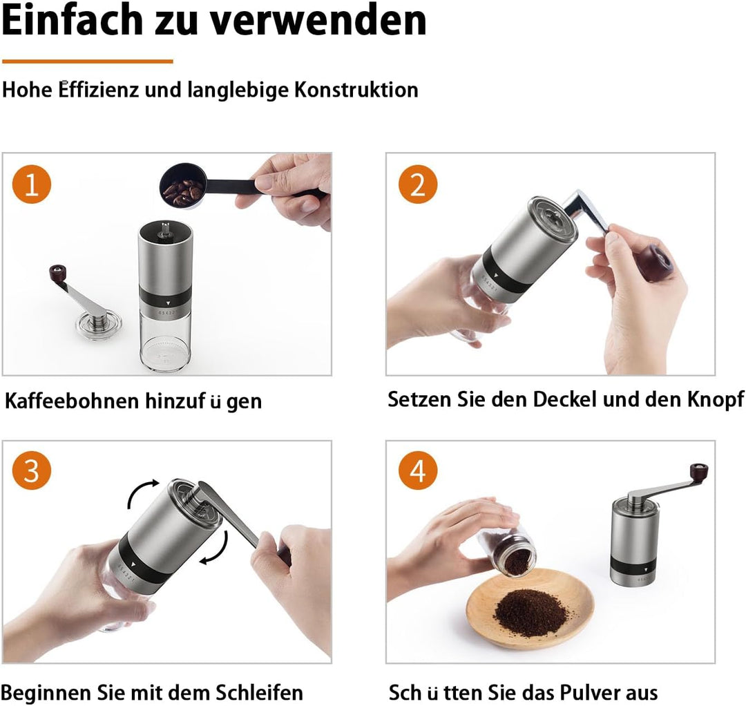 BRAVECOW Tragbare kaffeemühle manuell,Kegelmahlwerk aus Edelstahl kaffee mühle mit 6 einstellbaren S