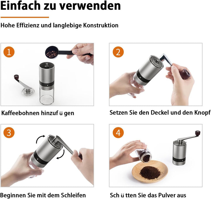 BRAVECOW Tragbare kaffeemühle manuell,Kegelmahlwerk aus Edelstahl kaffee mühle mit 6 einstellbaren S