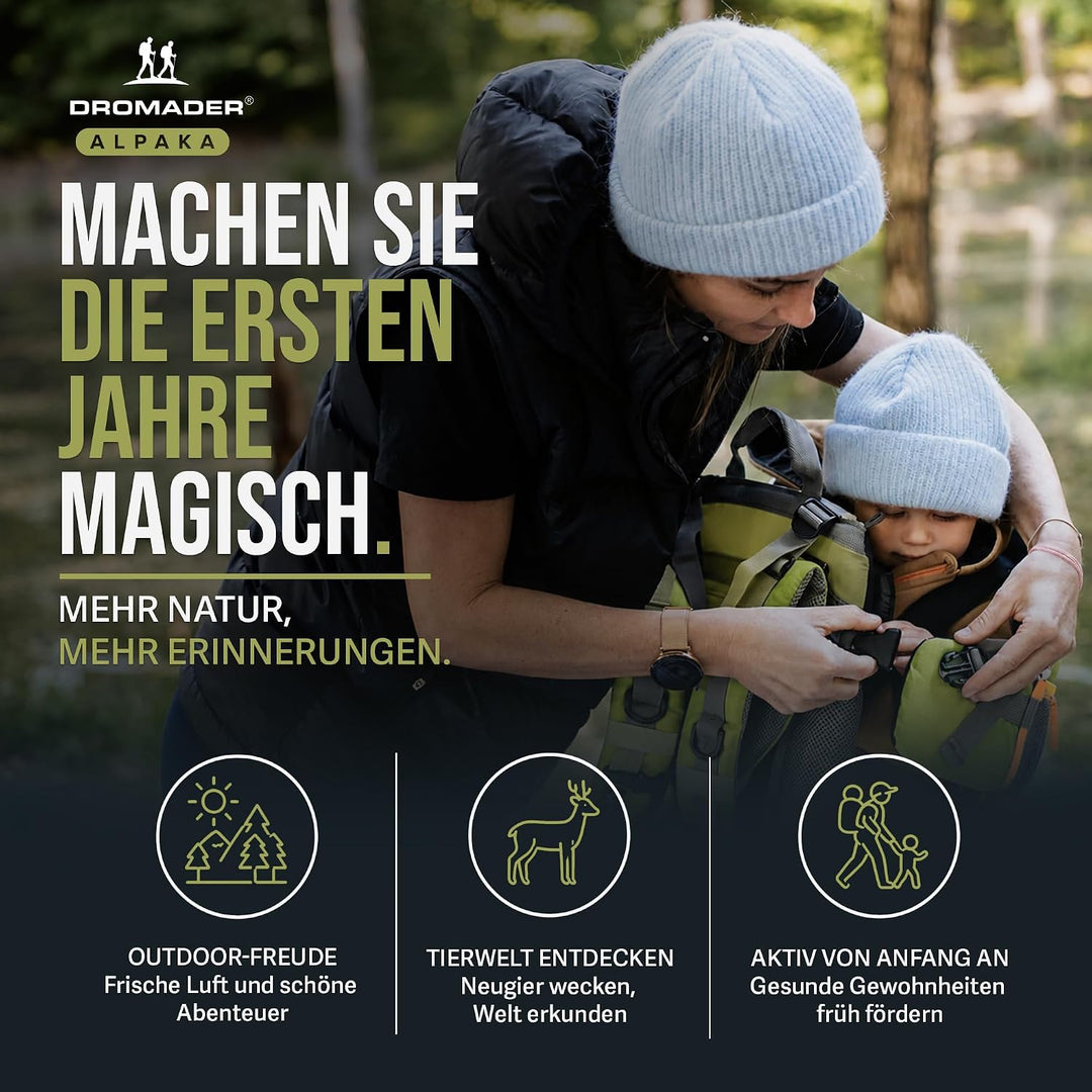 Dromader Kraxe Kindertrage bis 22kg – Kindertrage Wandern mit Sonnendach, Regenschutz, Thermotasche,