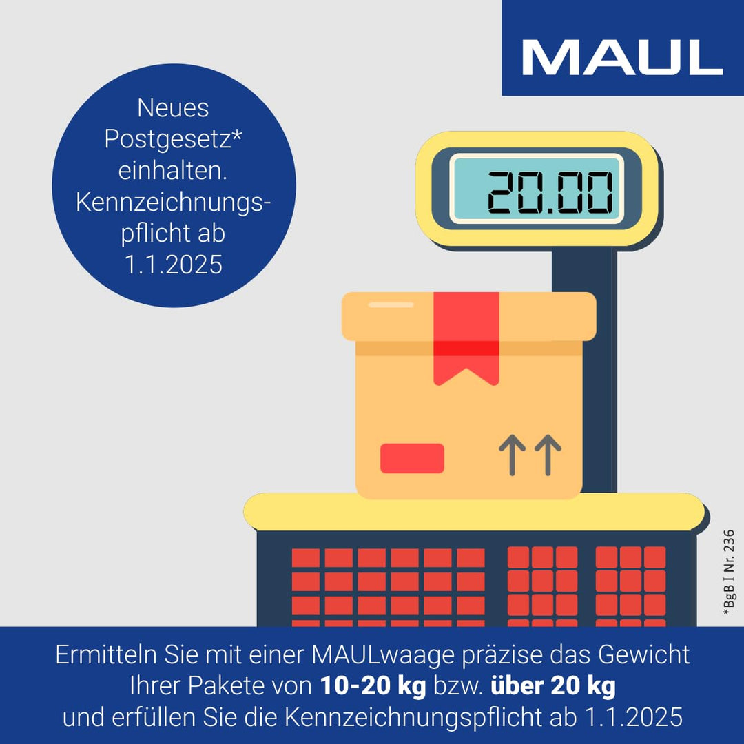 MAUL Solar Paketwaage MAULparcel S | Stabile Paketwaage bis 50kg | Grosse Wiegefläche 30 x 30 cm | W