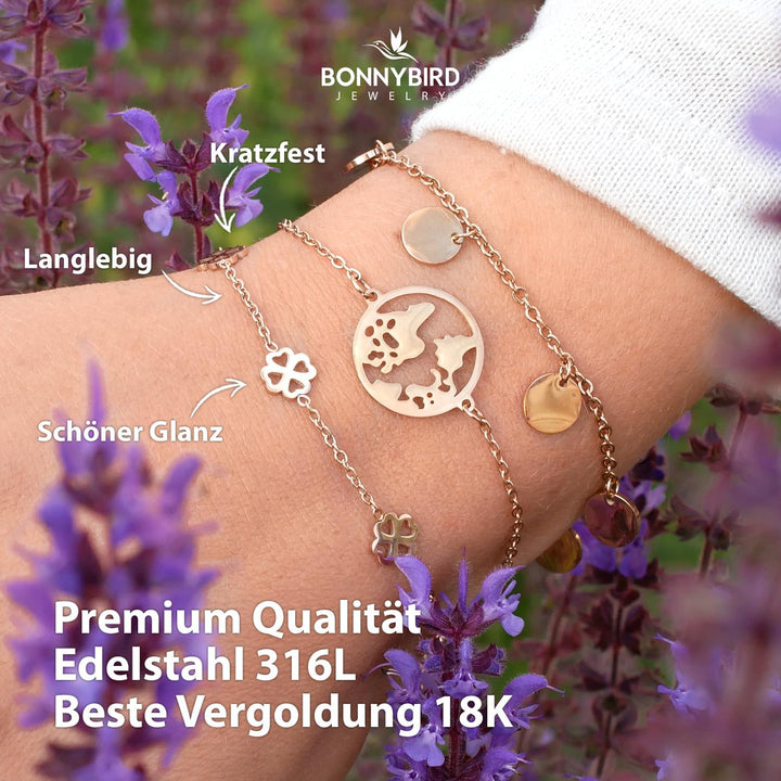 BONNYBIRD® Kleeblatt Edelstahl Armband Glücksbringer Prüfung Damen in Silber, Gold & Roségold, 100%