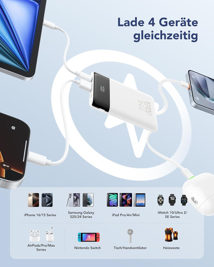VEGER Power Bank 10000mAh Klein, 22.5W Schnellladung PowerBank mit Integriertem USB-C Kabel, Externe
