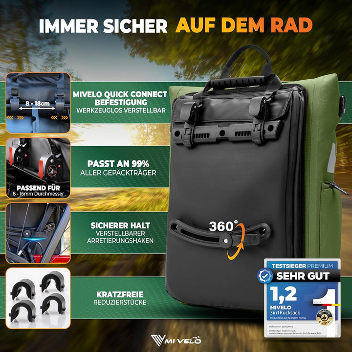 MIVELO 3in1 Fahrradtasche für Gepäckträger I Rucksack &amp; Gepäckträgertasche hinten - in 15 Sekunden u