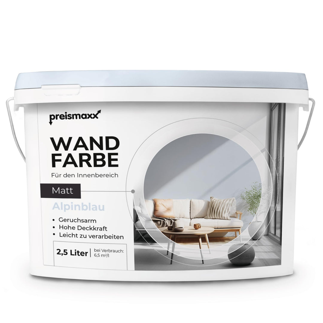 Preismaxx Profiweiss Wandfarbe blau 2,5L, hohe Deckkraft, Dispersionsfarbe innen, Innenwandfarbe Rau