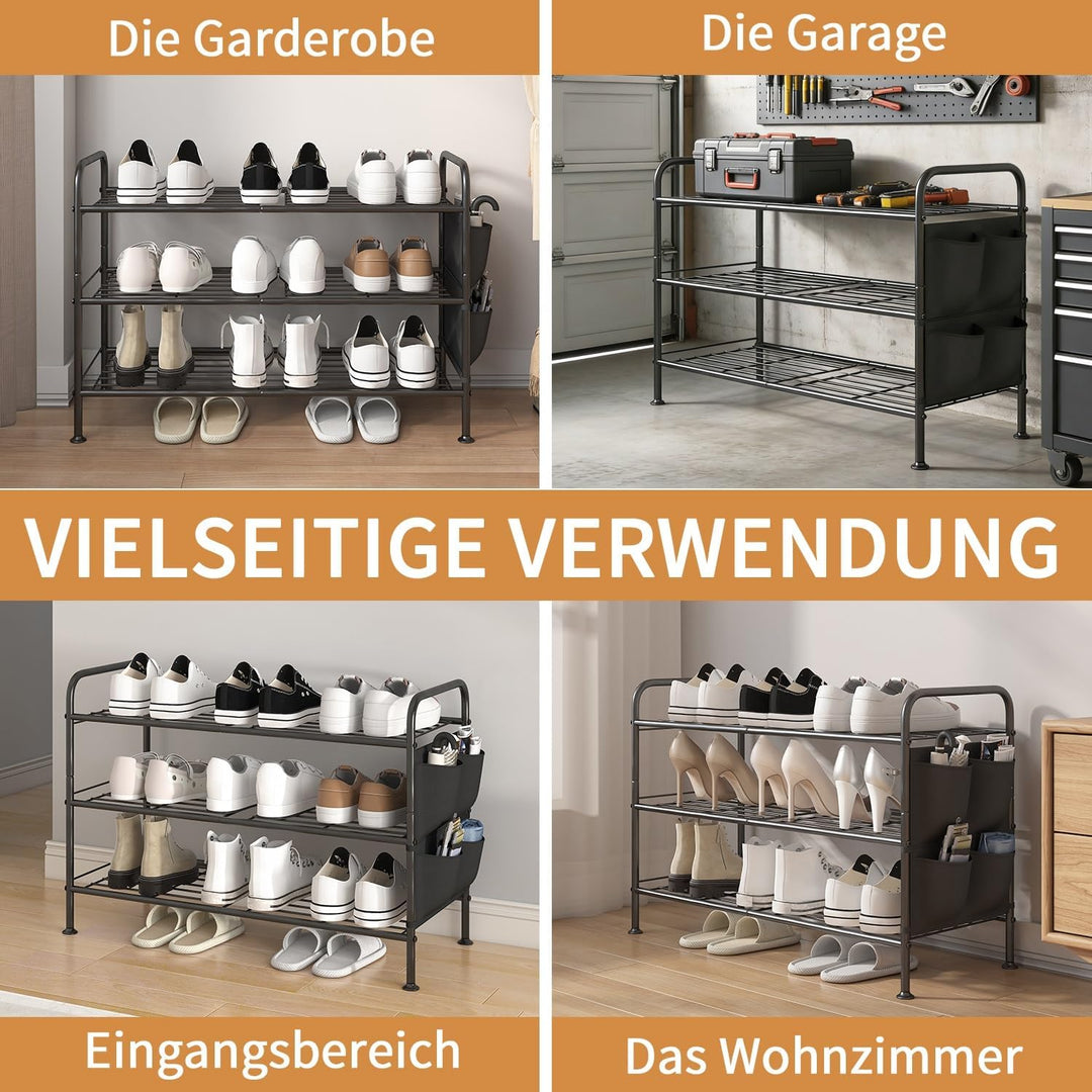 Schuhregal 3 Ebenen Schuhaufbewahrung Organizer Metall mit Seitentaschen für Flur, Schlafzimmer Schw
