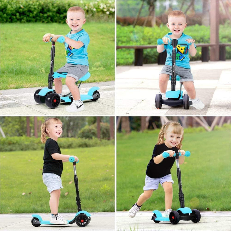 YOLEO 3-in-1 Kinder Roller Scooter mit Abnehmbarem Sitz, LED grosse Räder, Höheverstellbare Lenker f