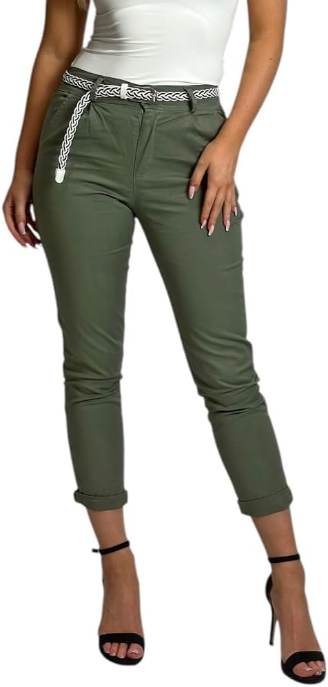 Mississhop Damen Baumwolle Klassische Chino Hose mit Gürtel XL Oliv, XL Oliv