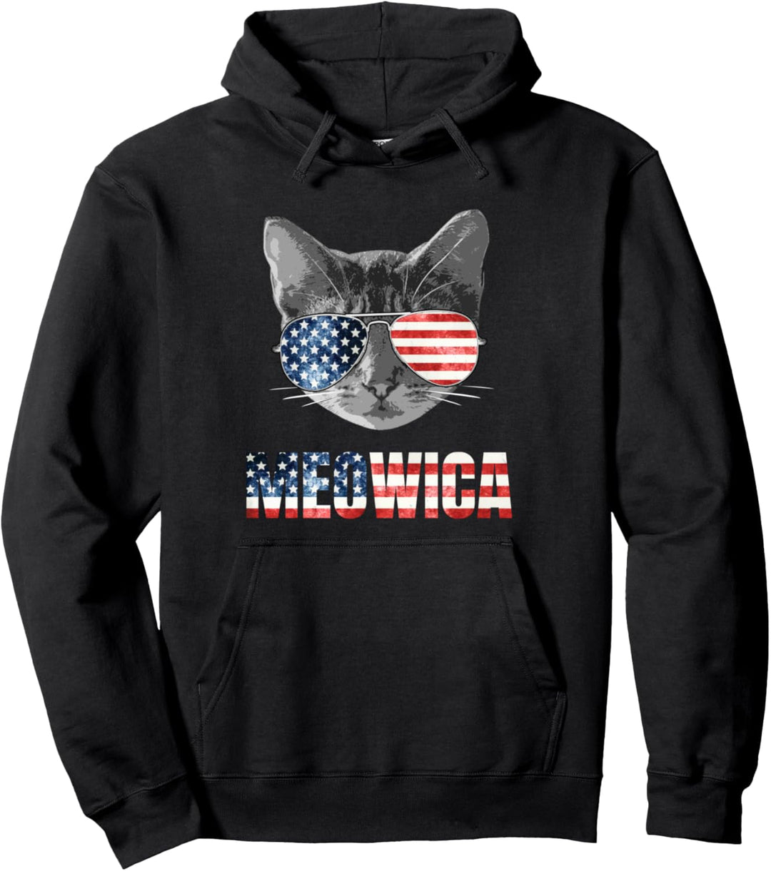 Meowica Funny Cat Patriotic USA Shirt American Flag Pullover Hoodie