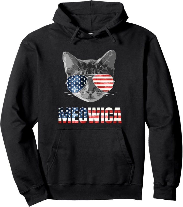Meowica Funny Cat Patriotic USA Shirt American Flag Pullover Hoodie