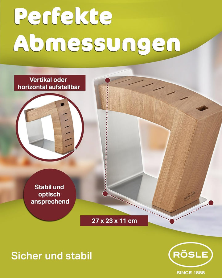 RÖSLE Messerblock MoveX, Hochwertiger Design-Messerblock aus Edelstahl und Ulmenholz, sichtbare Klin