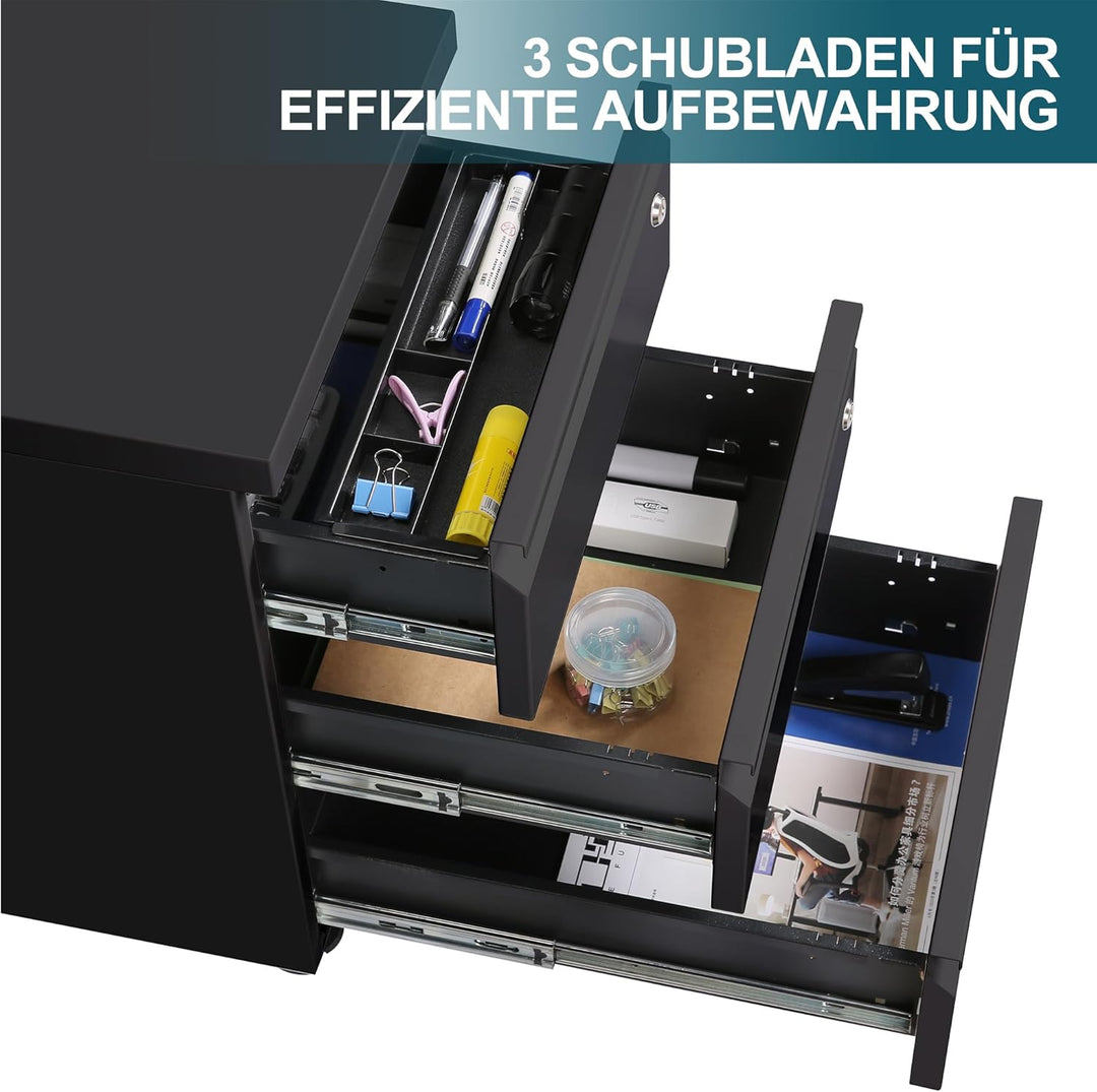 LVSTEEL Rollcontainer mit 3 Schubladen, Aktenschrank, Büroschrank aus Metall, Aktenschrank unter Sch