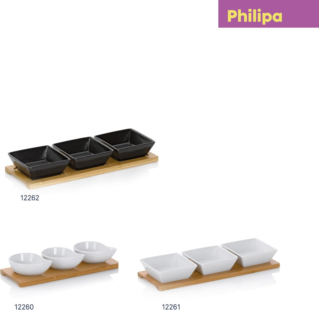 kela Servierschalen Set 4tlg PHILIPA, Porzellan Snackschalen mit Bambus Servierplatte, eckig, Dipsch