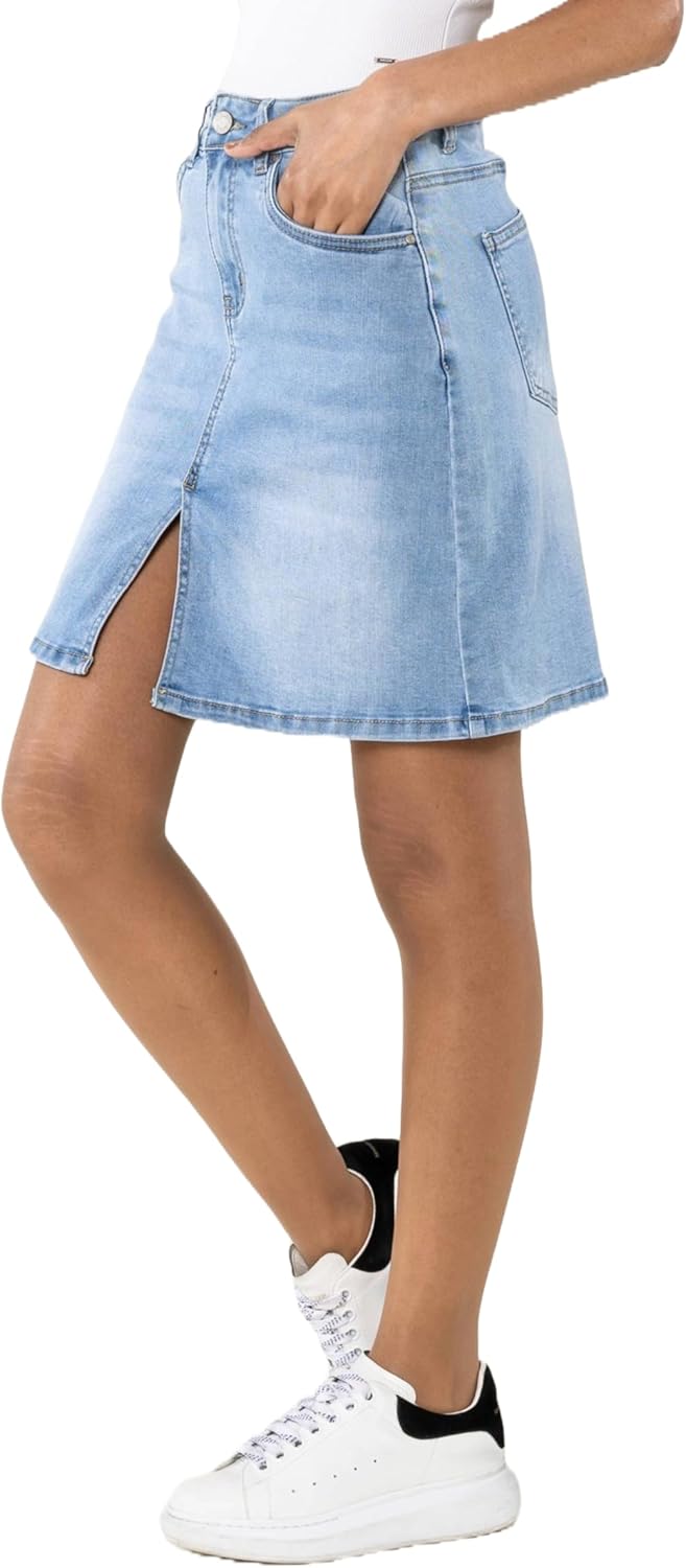 Nina Carter P213 Damen Kurzer Jeansrock mit Vorderem Schlitz Reissverschluss Stretch Used-Look Hellb