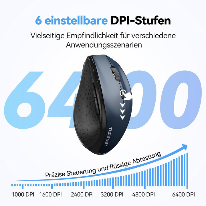 TECKNET Bluetooth-Maus, wiederaufladbare kabellose Maus für Laptop (Tri-Modus: BT 5.0/3.0 + 2.4G), 6