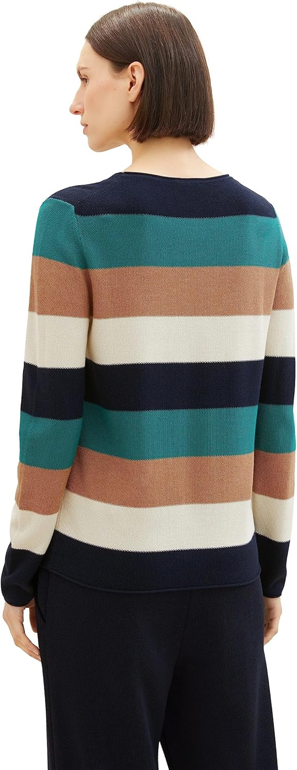 TOM TAILOR Damen Basic Pullover mit Struktur XS 34021 - Navy Teal Knit Stripe, XS 34021 - Navy Teal