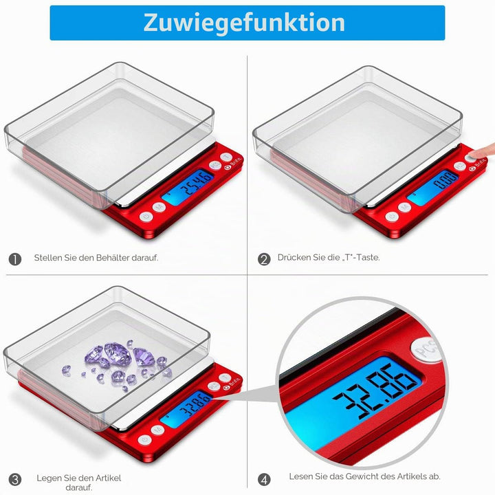 Brifit Taschenwaage 0,01g, Feinwaage 500g/0,01g Digitalwaage, Briefwaage, Grammwaage, mit EIN 100g E