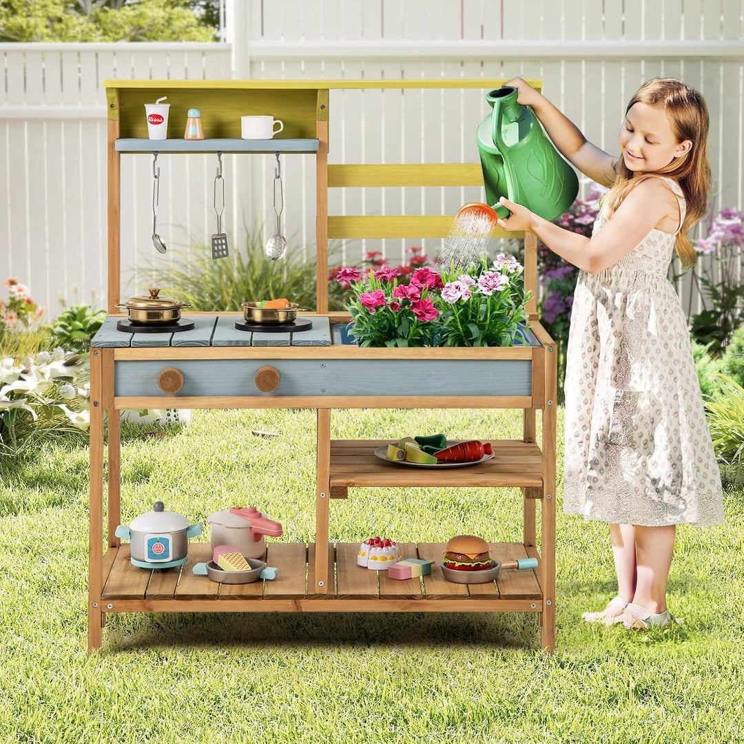 COSTWAY Matschküche Kinder Outdoor, Kinderküche Holz mit Spüle, Spielküche mit Haken & abnehmbarem R
