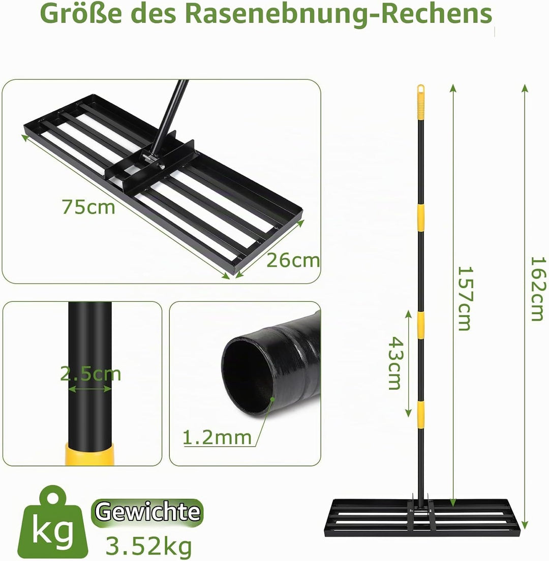 DBREAKS Rasen Rakel, 75 * 26 * 157CM Edelstahl Rasenschieber, Rasennivellierwerkzeug, Nivellierreche